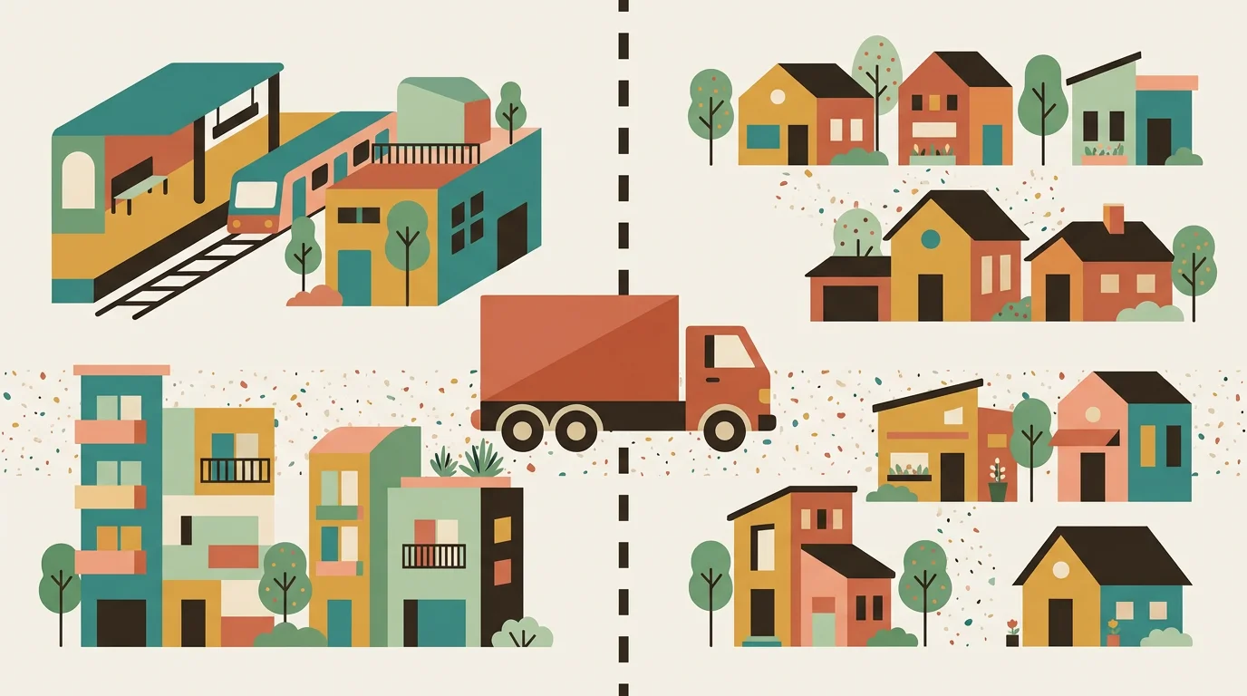 A geometric illustration of homes and a removal truck in Carlton