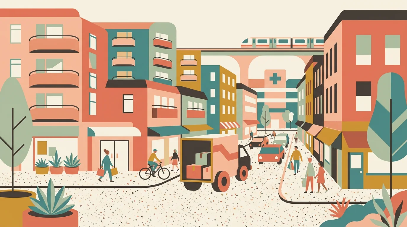 A geometric illustration of homes and a removal truck in Kogarah