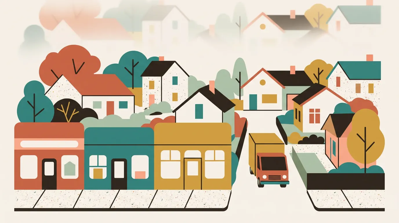 A geometric illustration of homes and a removal truck in Mortdale