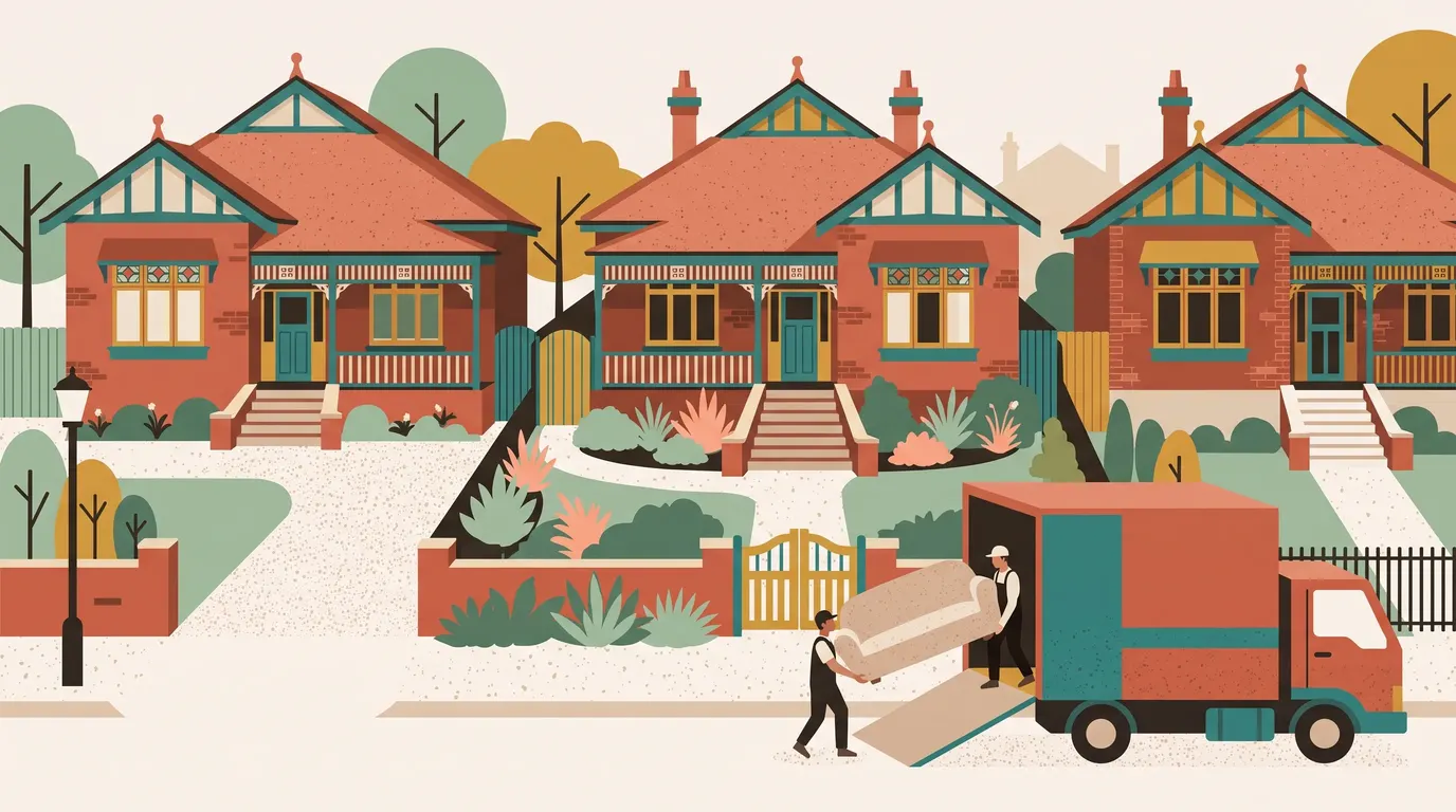A geometric illustration of homes and a removal truck in Penshurst