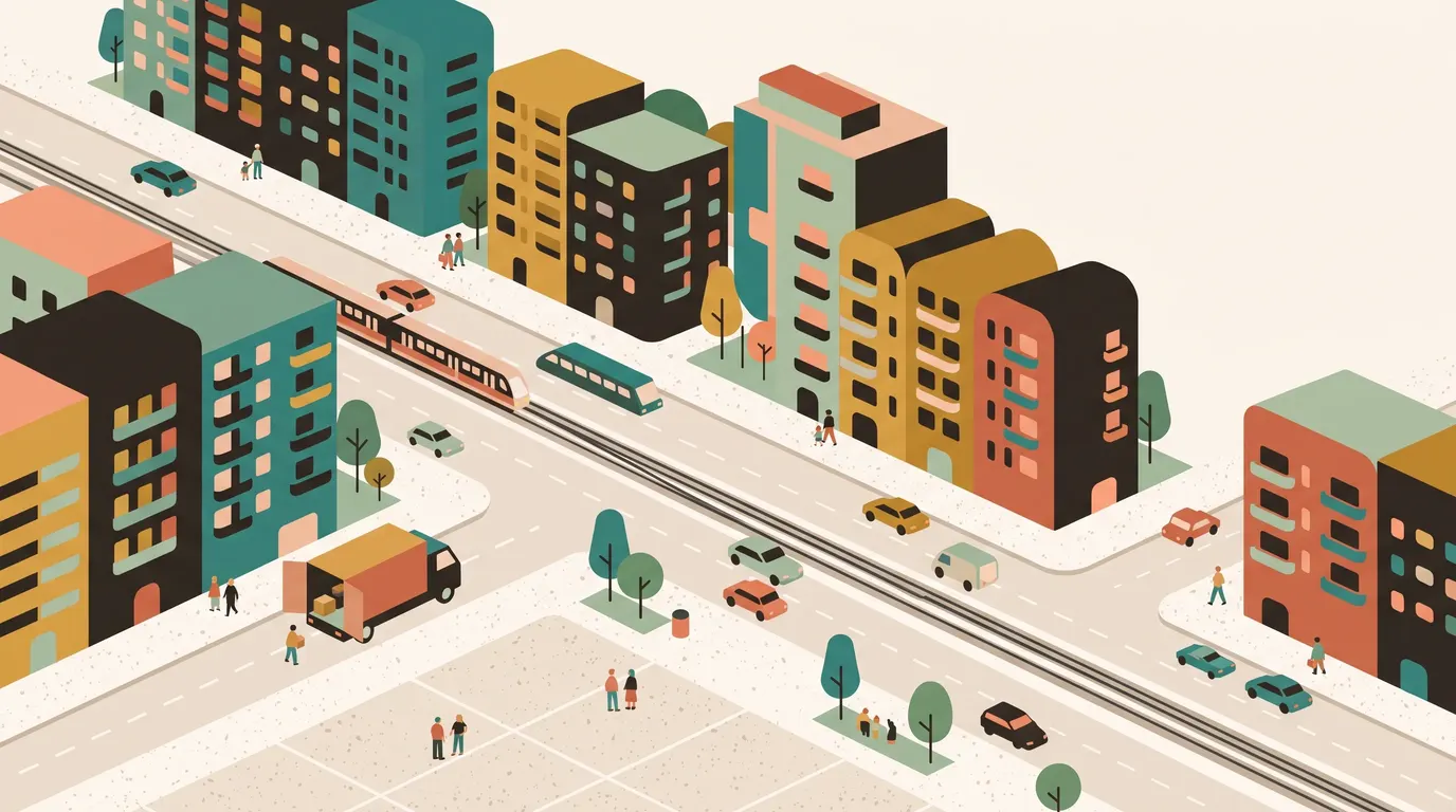 A geometric illustration of homes and a removal truck in Rockdale