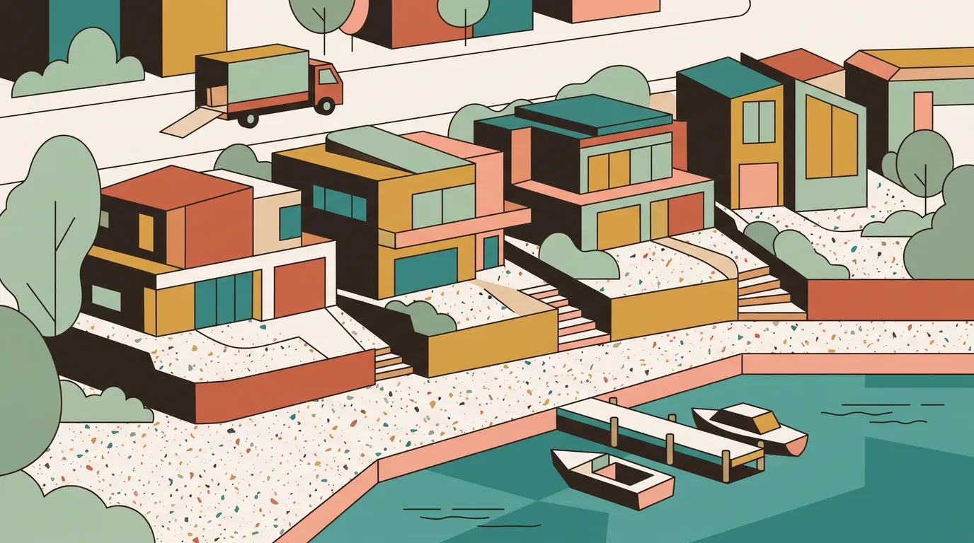 A geometric illustration of homes and a removal truck in Sans Souci